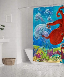 Ocean Theme Octopus, Jellyfish and Coral Printed Waterproof Fabric Shower Curtain