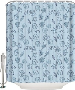 Ocean Theme Seashell Starfish Line Drawing Shower Curtain, Calming Bathroom Decor