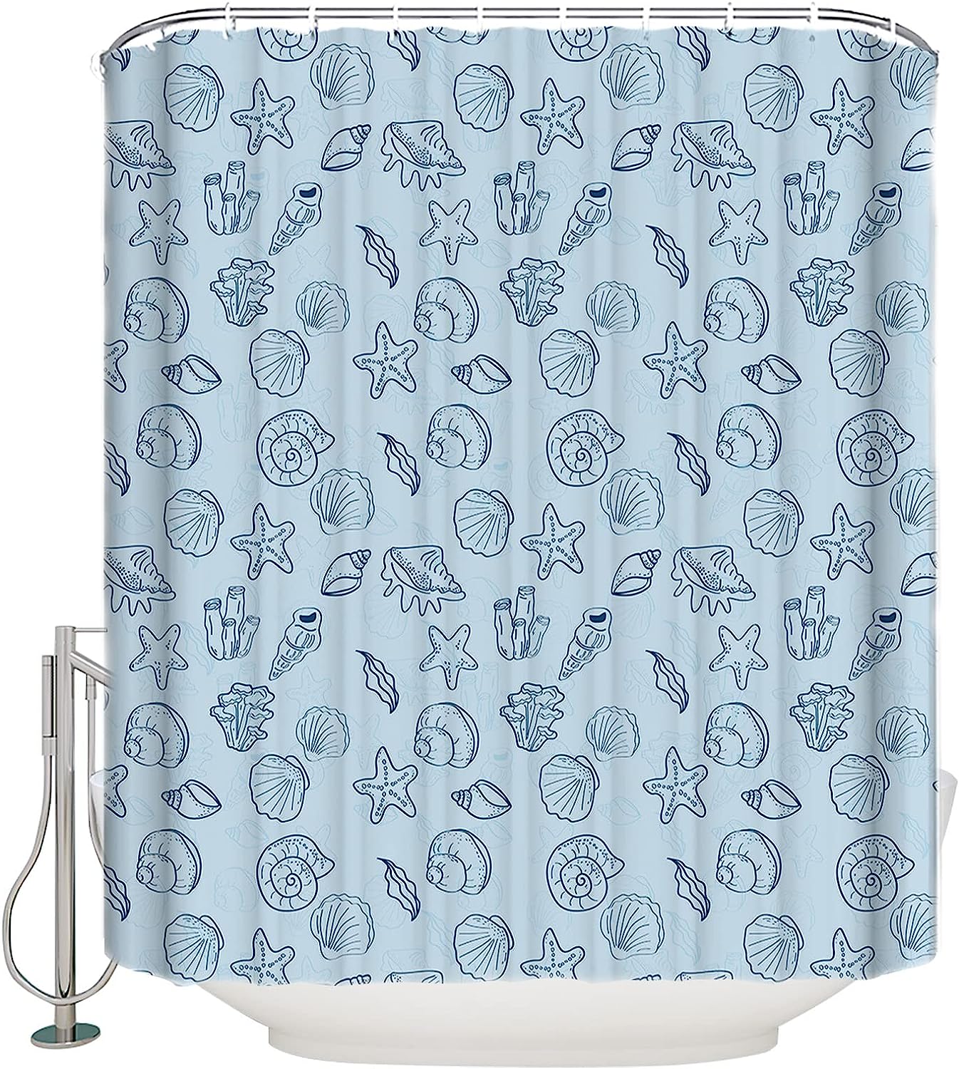 Ocean Theme Seashell Starfish Line Drawing Shower Curtain, Calming Bathroom Decor
