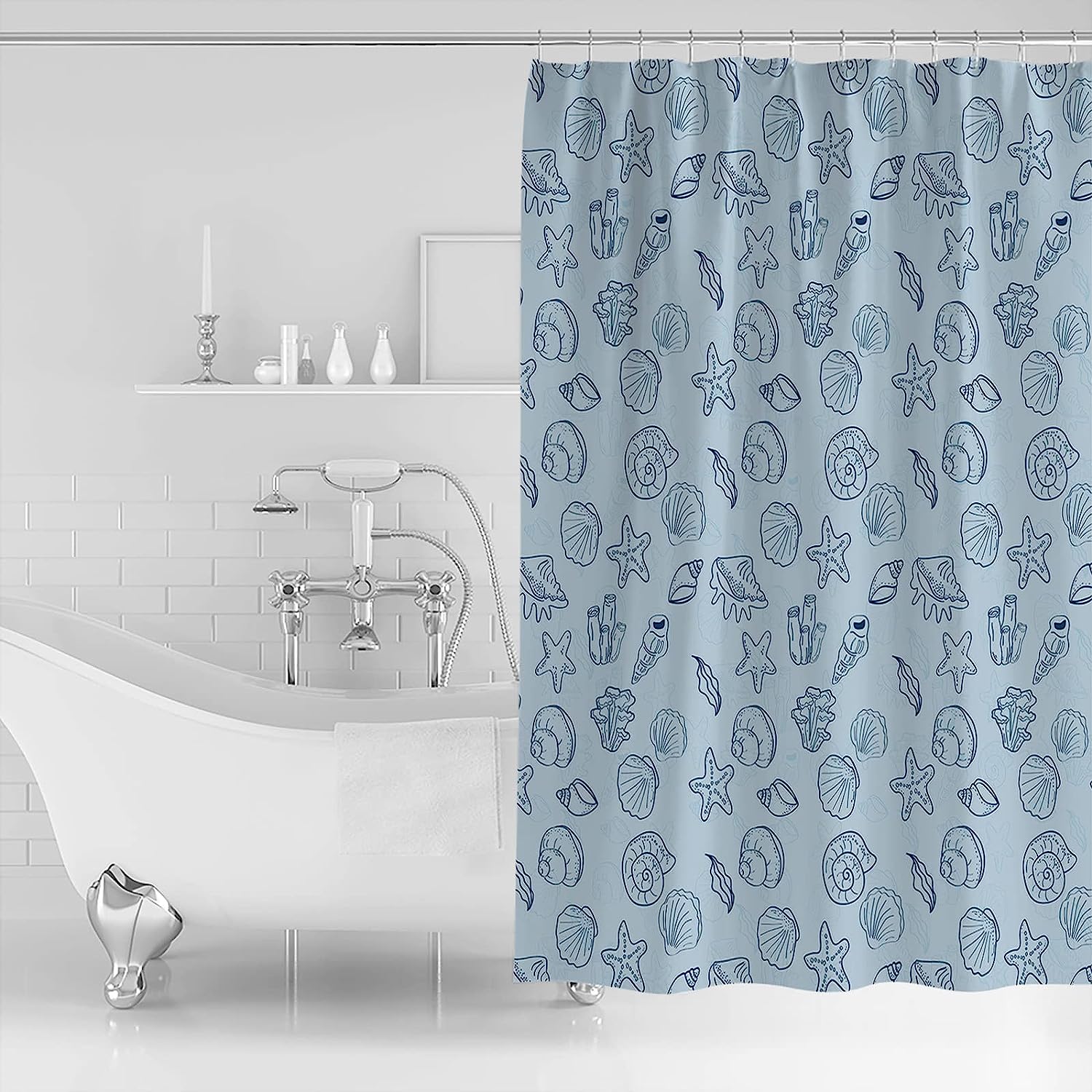 Ocean Theme Seashell Starfish Line Drawing Shower Curtain, Calming Bathroom Decor - Image 2