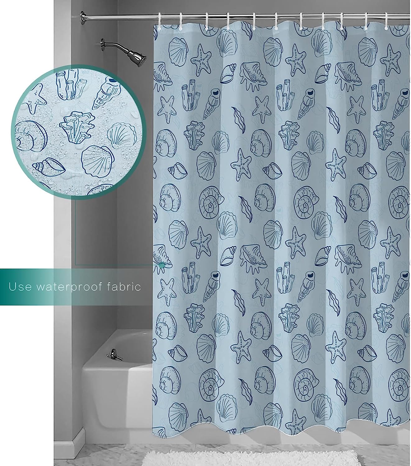 Ocean Theme Seashell Starfish Line Drawing Shower Curtain, Calming Bathroom Decor - Image 3