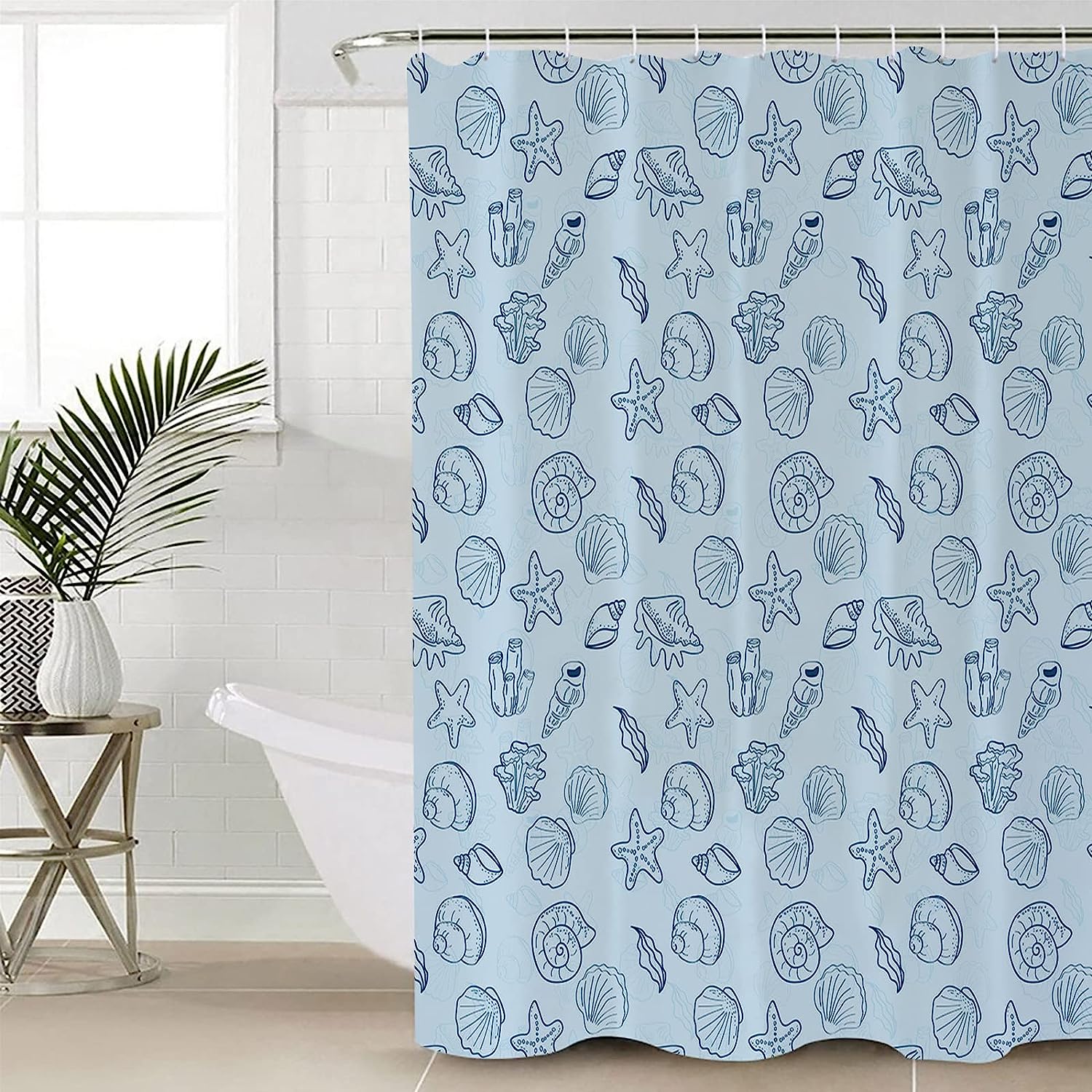 Ocean Theme Seashell Starfish Line Drawing Shower Curtain, Calming Bathroom Decor - Image 4