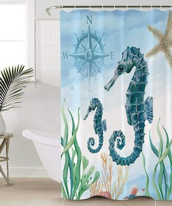 Ocean Theme with Seahorse, Sea Grass, and Shells Shower Curtain for Bathroom Decor
