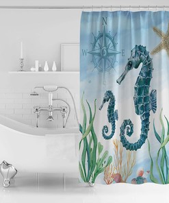 Ocean Theme with Seahorse, Sea Grass, and Shells Shower Curtain for Bathroom Decor