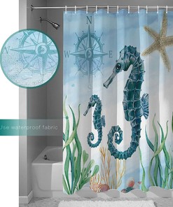 Ocean Theme with Seahorse, Sea Grass, and Shells Shower Curtain for Bathroom Decor