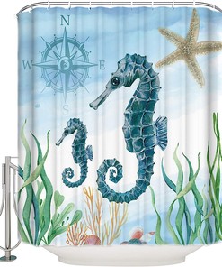Ocean Theme with Seahorse, Sea Grass, and Shells Shower Curtain for Bathroom Decor