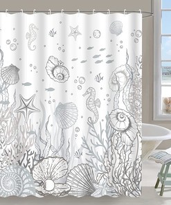 Ocean Themed Bathroom Shower Curtain with Coral, Seashell and Starfish Prints, Grey