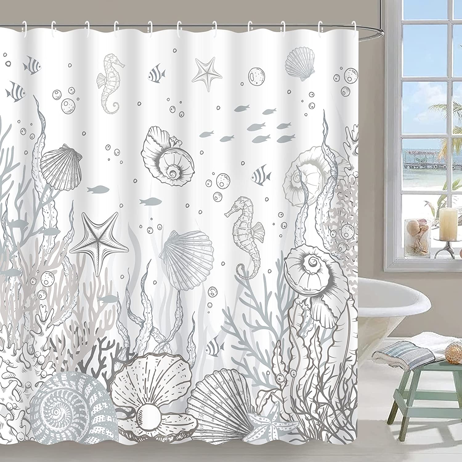 Ocean Themed Bathroom Shower Curtain with Coral, Seashell and Starfish Prints, Grey