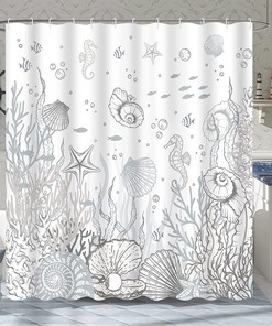 Ocean Themed Bathroom Shower Curtain with Coral, Seashell and Starfish Prints, Grey
