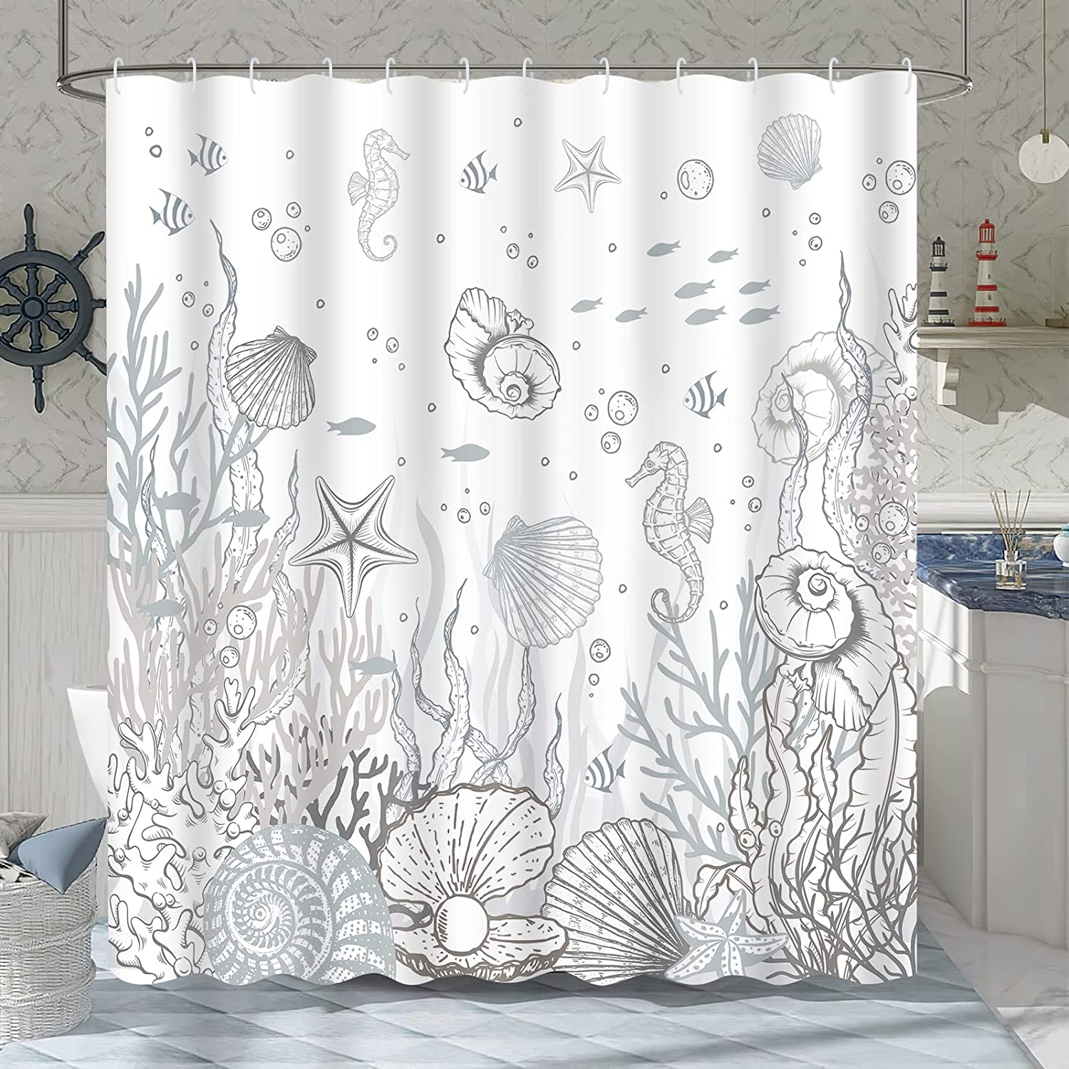 Ocean Themed Bathroom Shower Curtain with Coral, Seashell and Starfish Prints, Grey