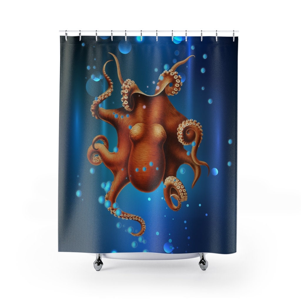 Ocean Themed Kids Bathroom Curtain with Cute Octopus Design.