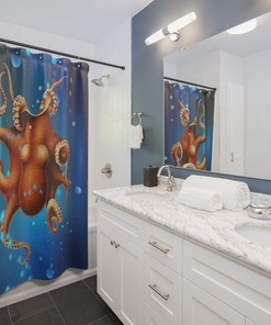 Ocean Themed Kids Bathroom Curtain with Cute Octopus Design.