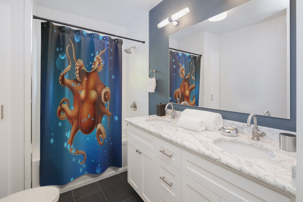 Ocean Themed Kids Bathroom Curtain with Cute Octopus Design.