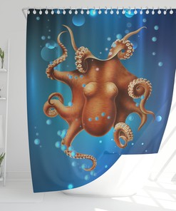 Ocean Themed Kids Bathroom Curtain with Cute Octopus Design.