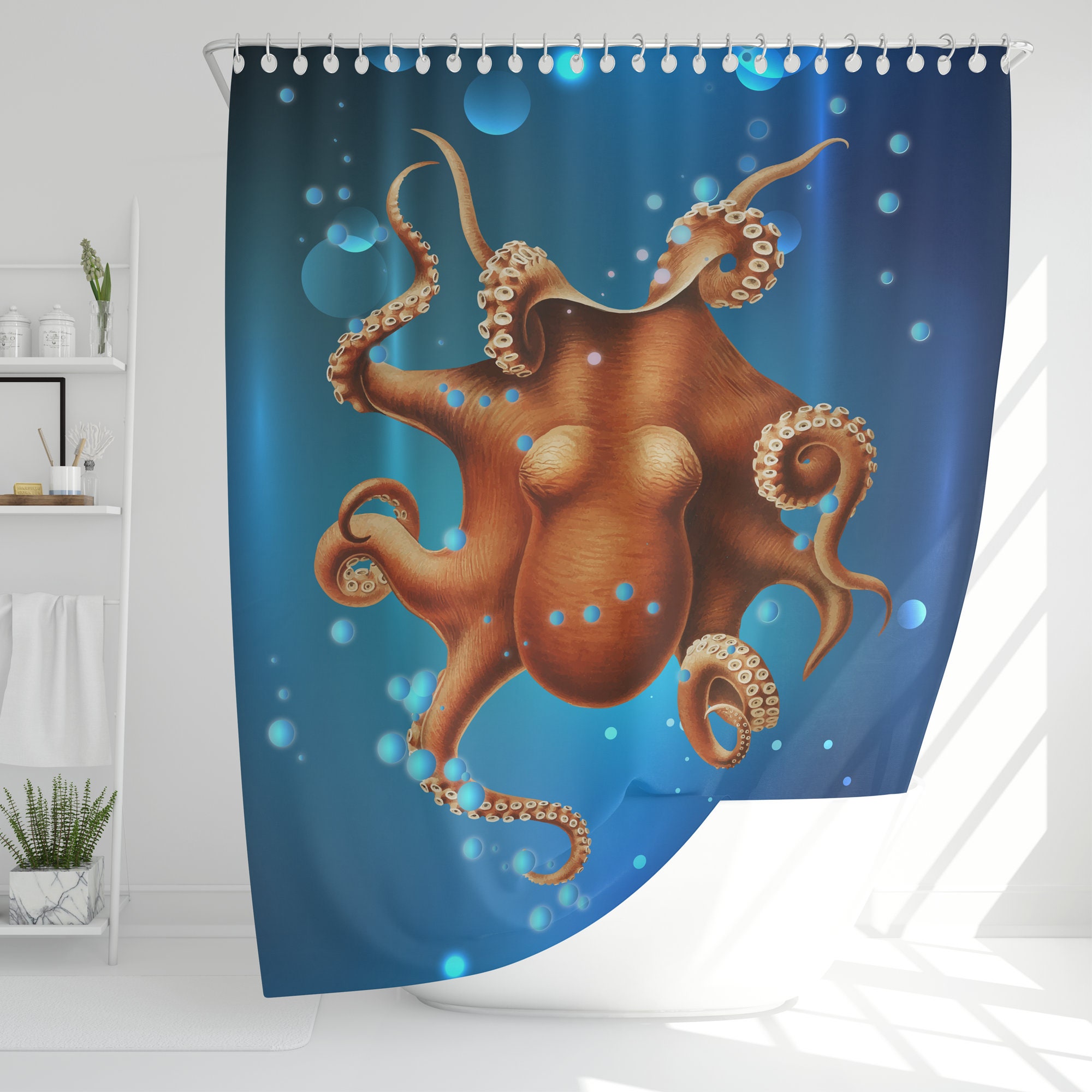 Ocean Themed Kids Bathroom Curtain with Cute Octopus Design.