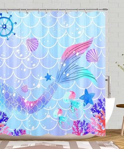 Ocean Themed Mermaid Tail Shower Curtain with Starfish and Jellyfish Print