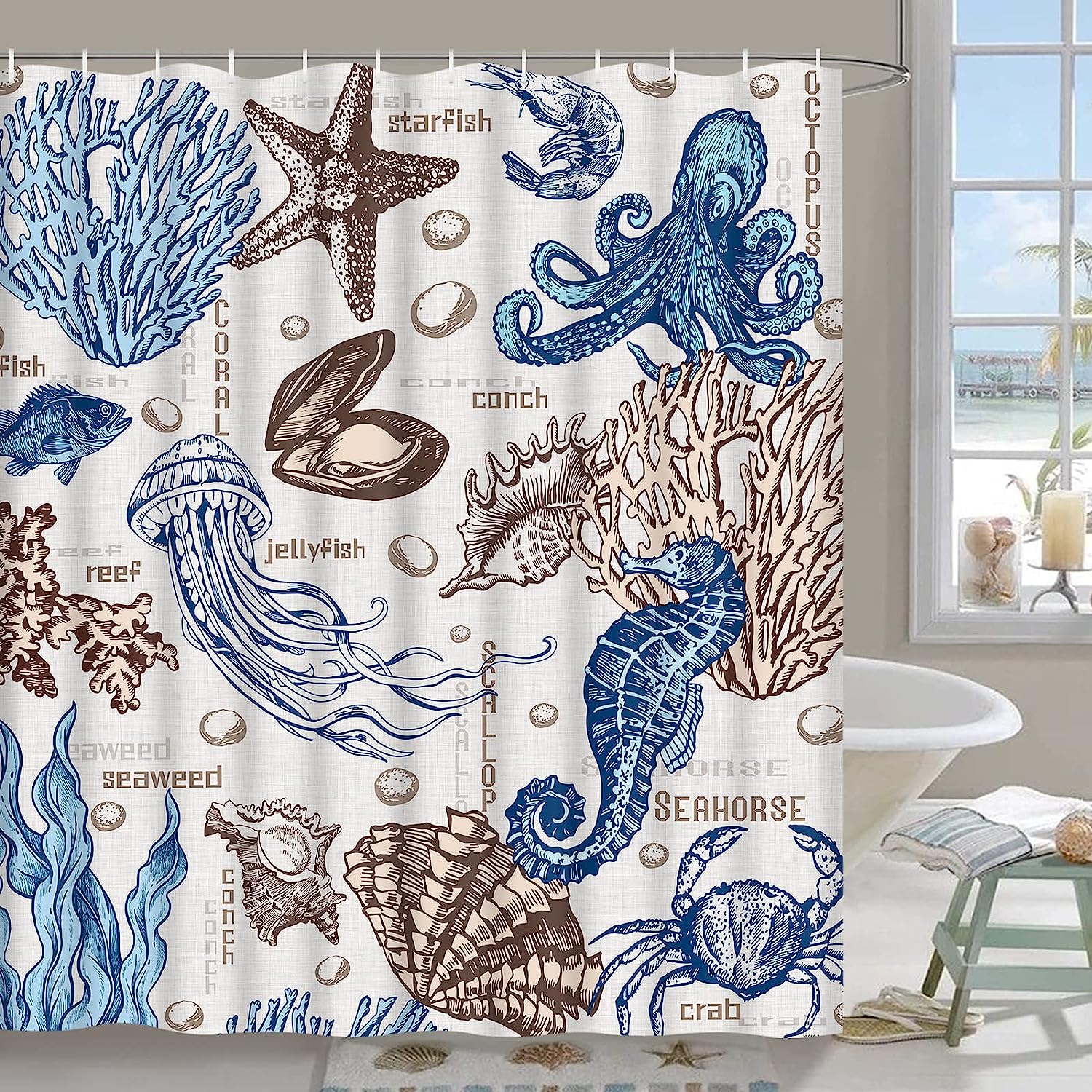 Ocean Themed Octopus Shower Curtain For Beach And Nautical Bathroom By Alishomtll - Image 2