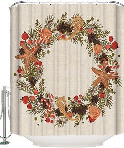Ocean Themed Shower Curtain | Starfish Seahorses Pine Cones Christmas Bathroom Decor
