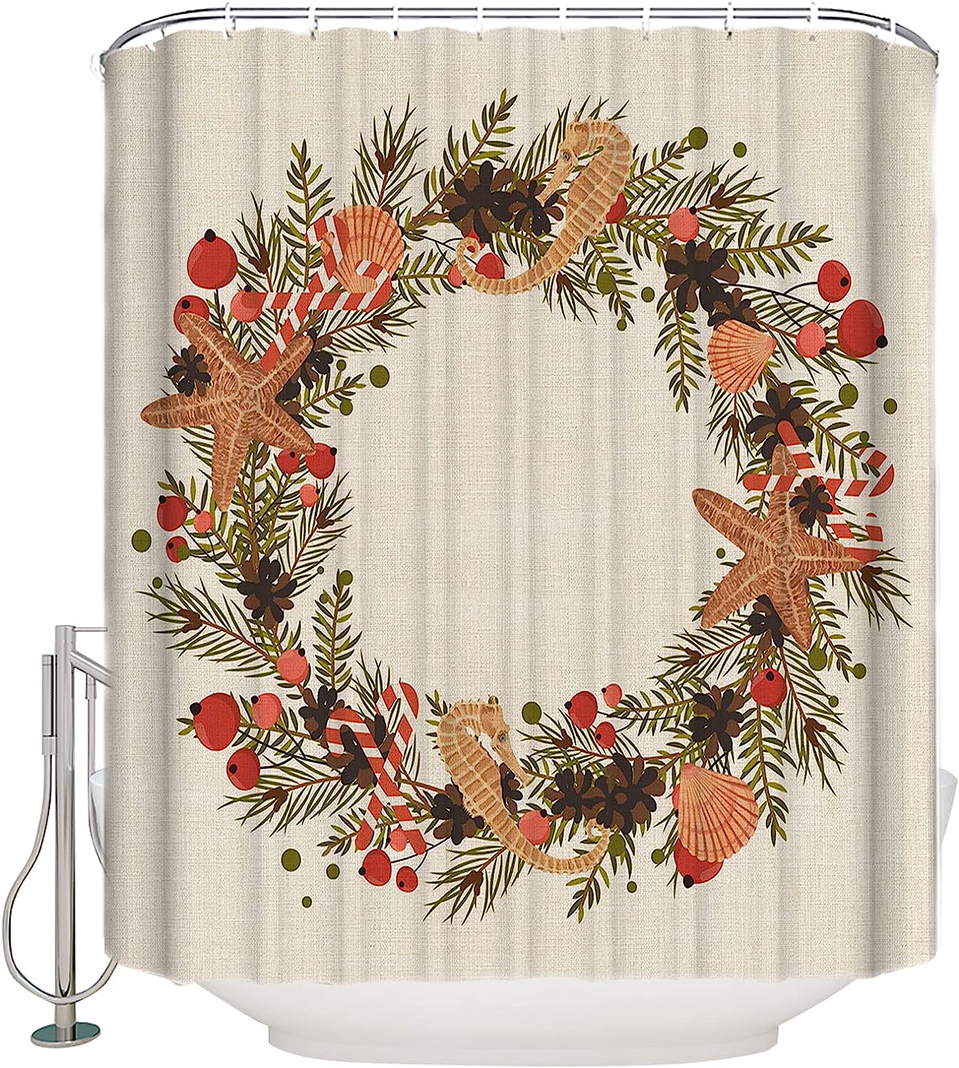 Ocean Themed Shower Curtain | Starfish Seahorses Pine Cones Christmas Bathroom Decor