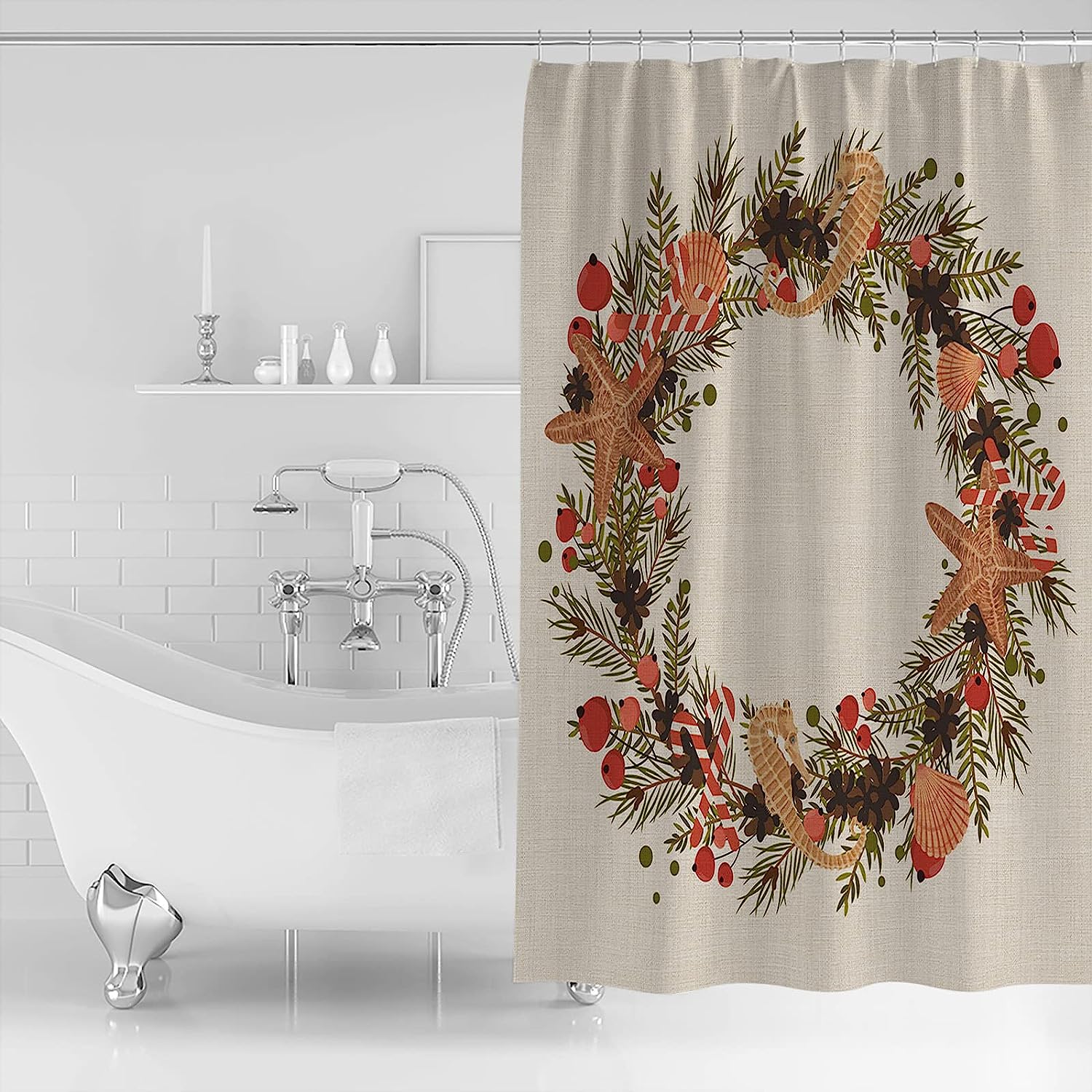 Ocean Themed Shower Curtain | Starfish Seahorses Pine Cones Christmas Bathroom Decor - Image 2
