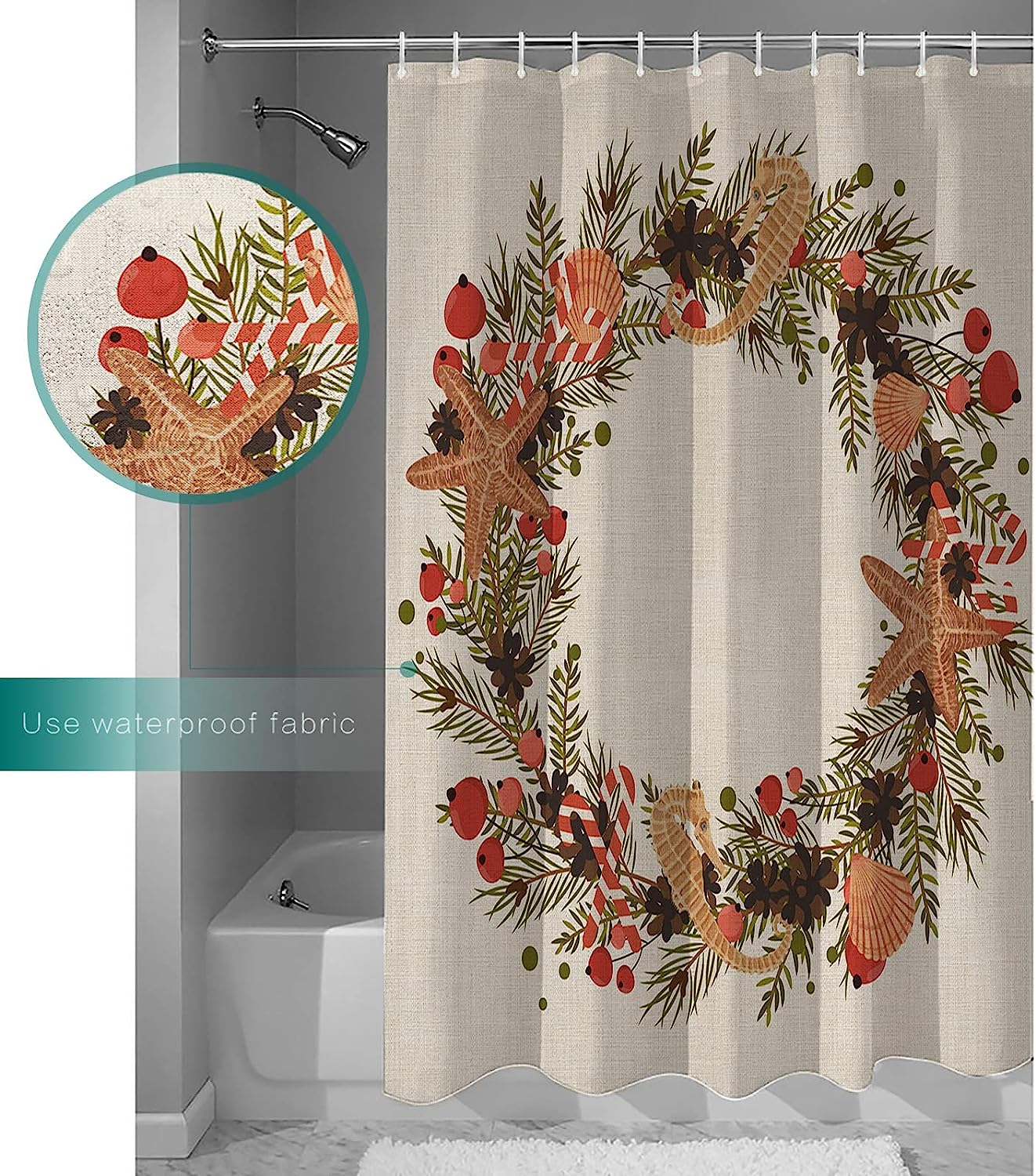 Ocean Themed Shower Curtain | Starfish Seahorses Pine Cones Christmas Bathroom Decor - Image 3