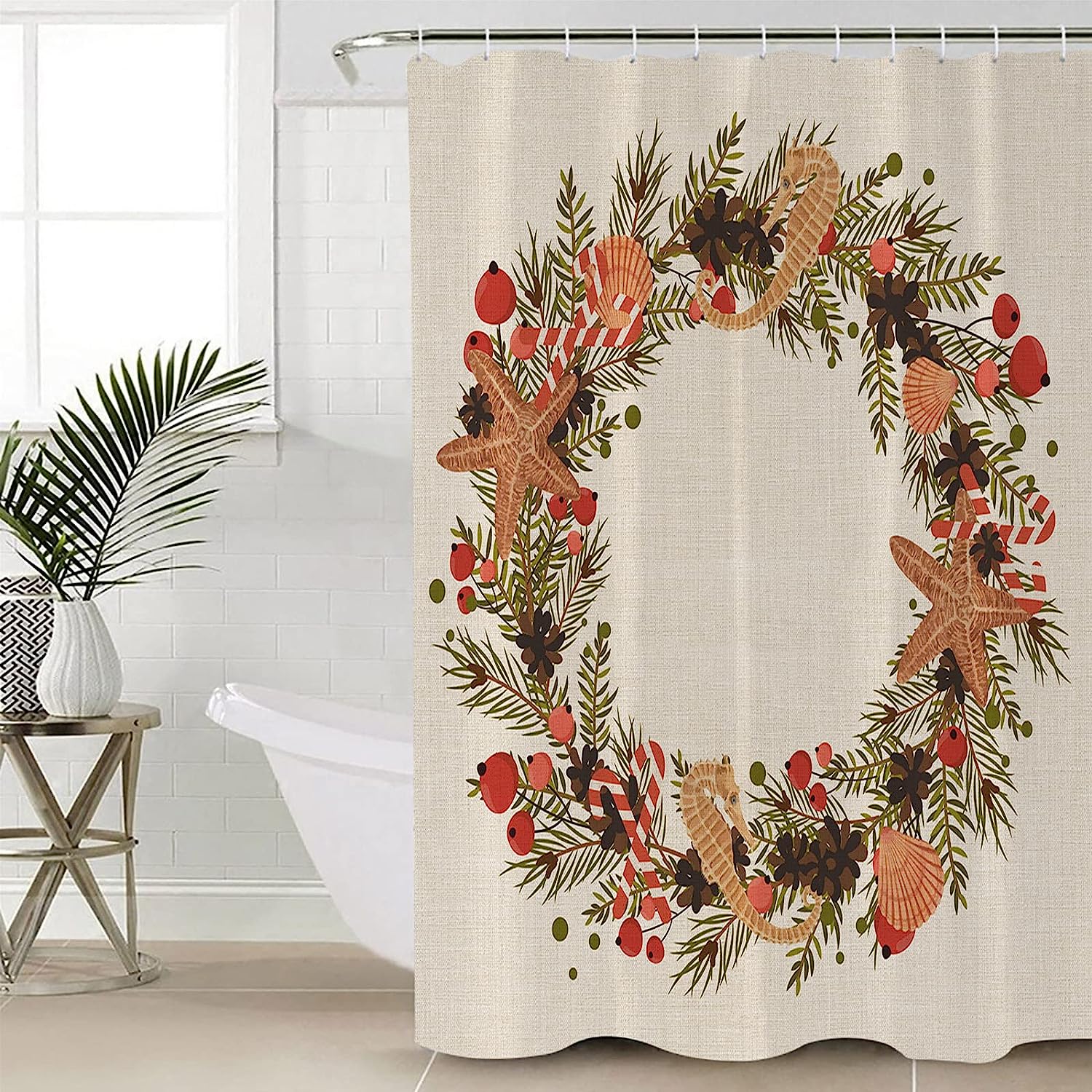 Ocean Themed Shower Curtain | Starfish Seahorses Pine Cones Christmas Bathroom Decor - Image 4