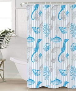 Ocean Themed Shower Curtain with Fish Shell Seahorse and Coral for Cute Bathroom Decor