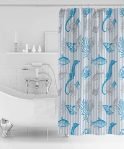 Ocean Themed Shower Curtain with Fish Shell Seahorse and Coral for Cute Bathroom Decor