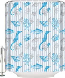 Ocean Themed Shower Curtain with Fish Shell Seahorse and Coral for Cute Bathroom Decor