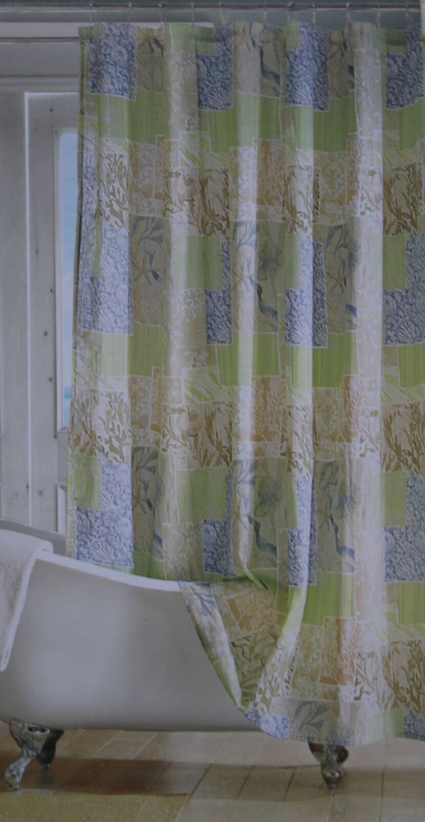 Ocean Tropical Blue Green Brown Medallion Fabric Shower Curtain For Bathroom With Coastal Theme