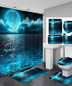 Ocean View Night Moon Waterproof Shower Curtain with Bathroom Mat