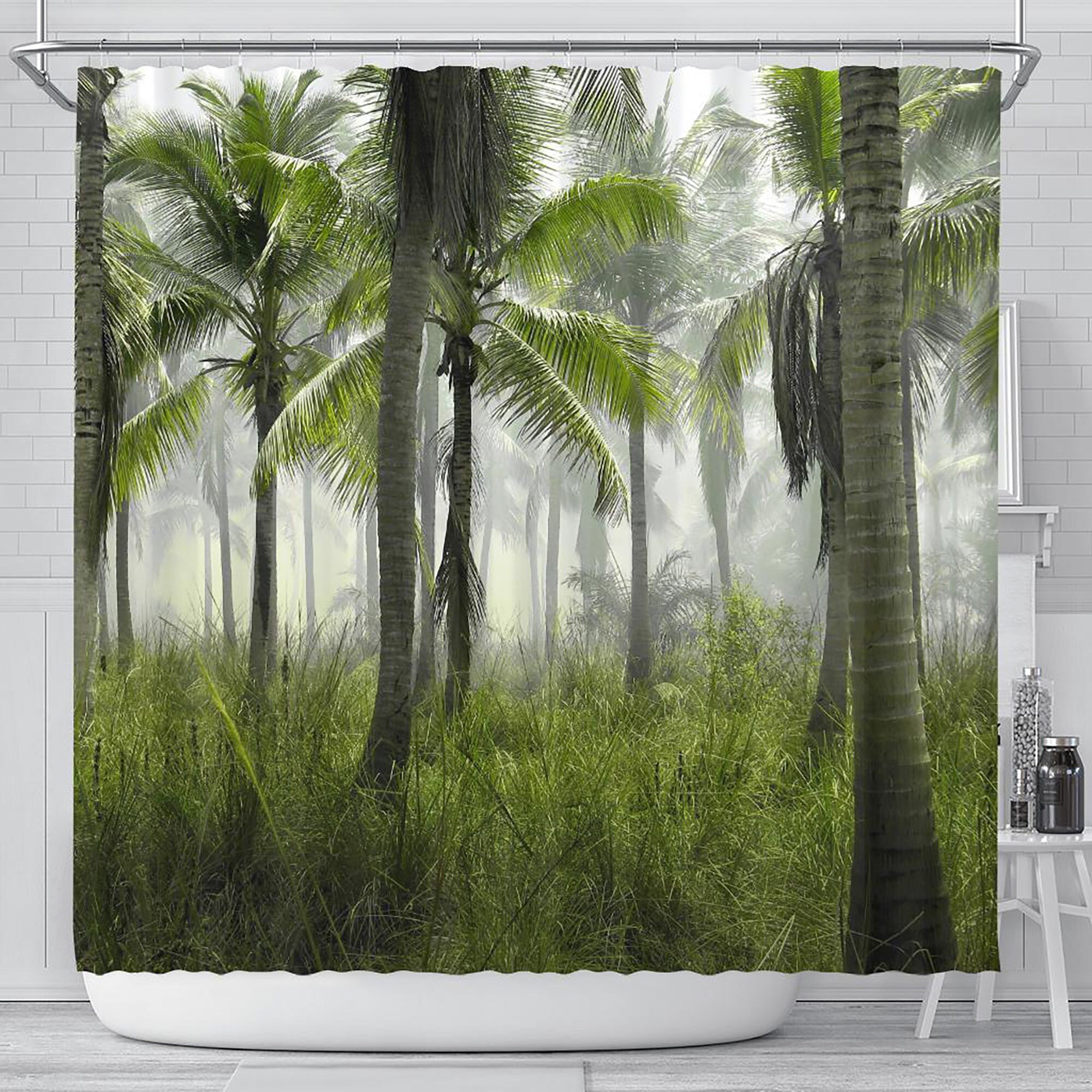 Ocean View Palm Tree Grove Shower Curtain for Tropical Bathroom Decor
