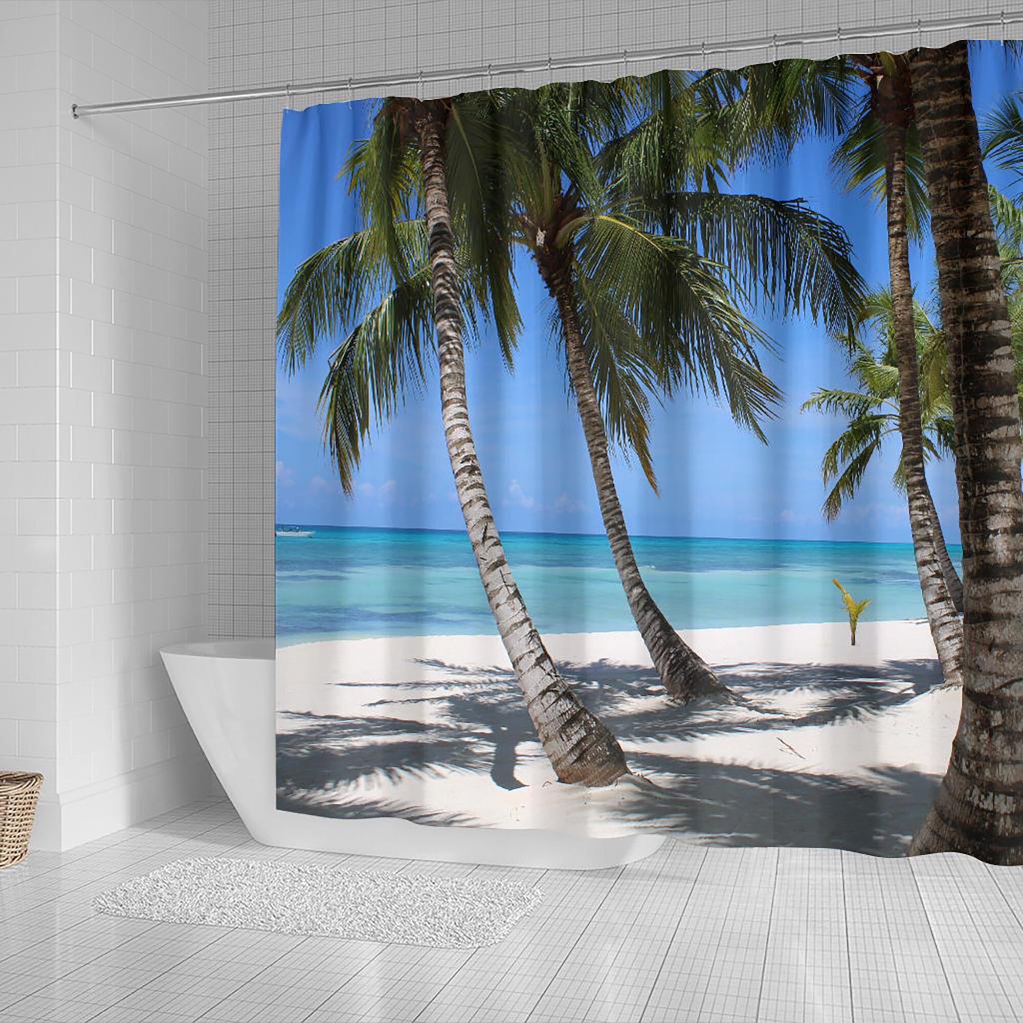 Ocean View Palm Trees Shower Curtain for Beachy Bathroom Decor