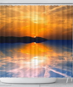 Ocean View Sunset Reflections Shower Curtain - Beautiful Tropical Bathroom Decor with Artwork and Warm Colors