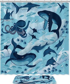 Ocean Wave Shower Curtain with Playful Sea Creatures