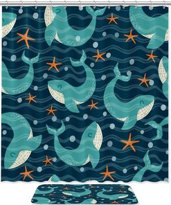 Ocean Whales and Starfishes Print Waterproof Shower Curtain
