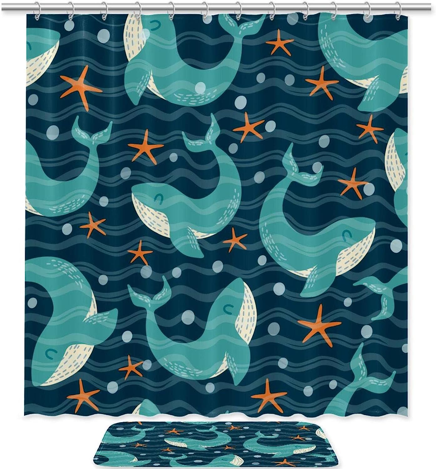 Ocean Whales and Starfishes Print Waterproof Shower Curtain