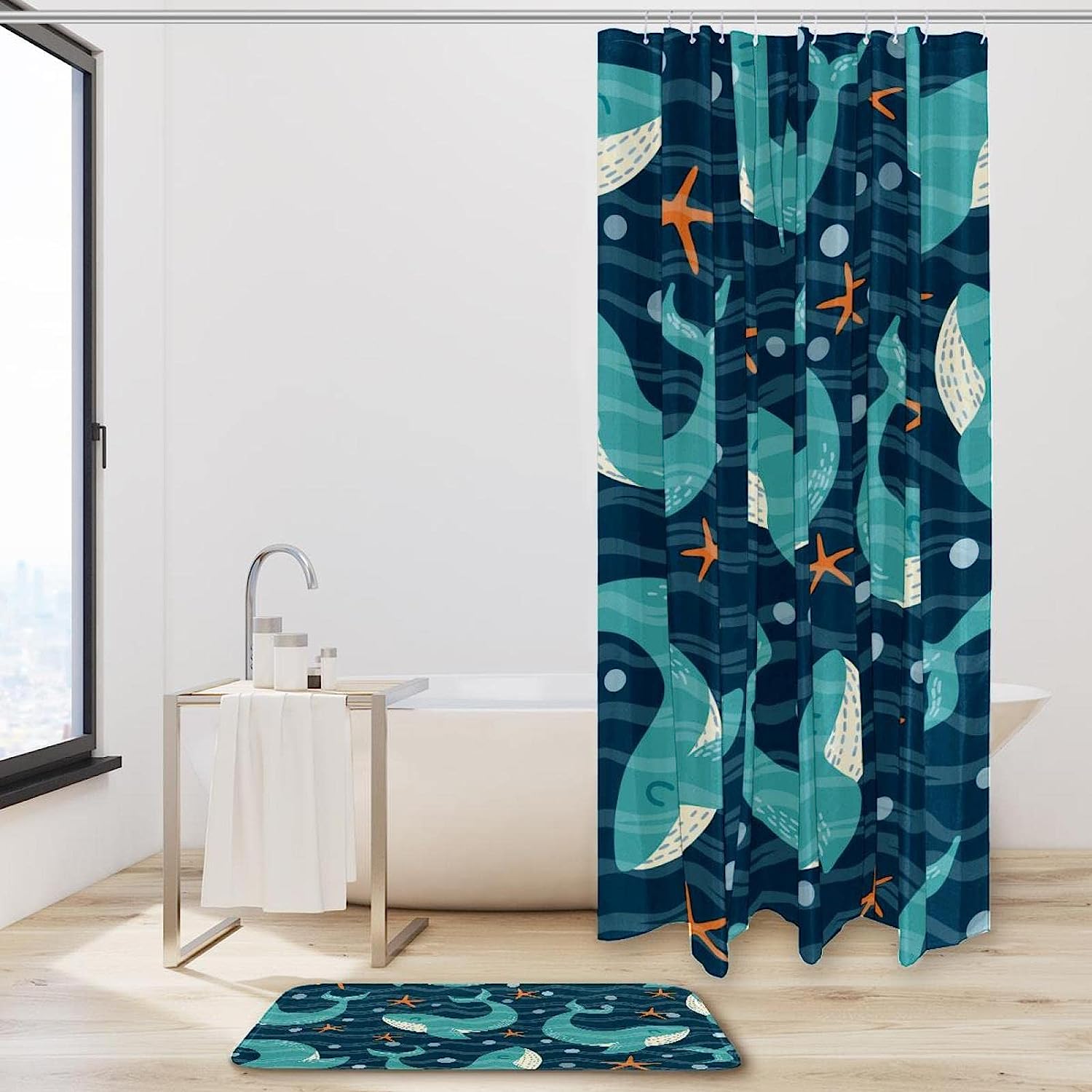 Ocean Whales and Starfishes Print Waterproof Shower Curtain