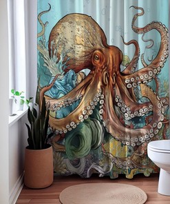Oceanic Majesty Octopus Sea Creature Shower Curtain, Underwater Bathroom Decor