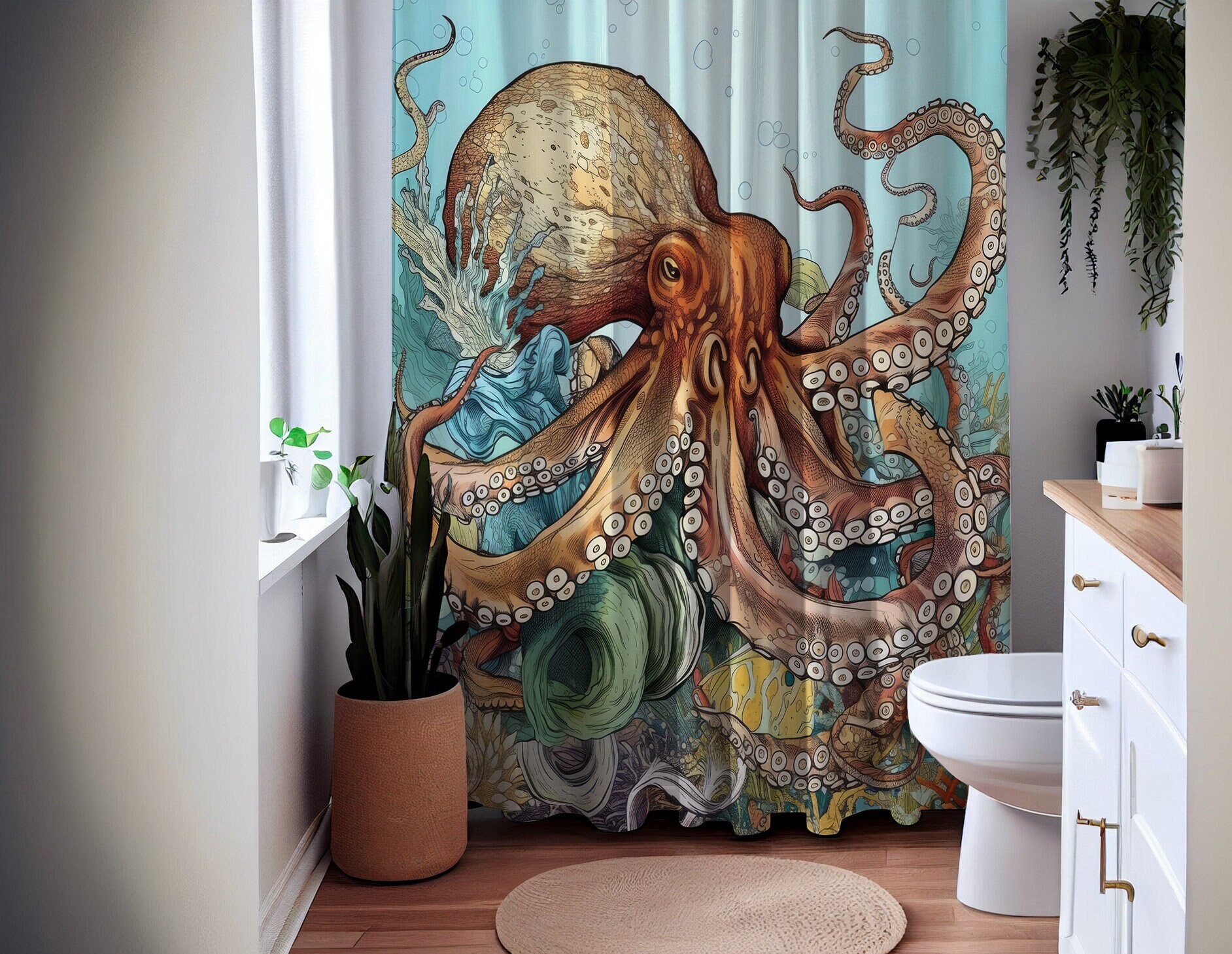 Oceanic Majesty Octopus Sea Creature Shower Curtain, Underwater Bathroom Decor