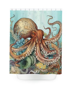 Oceanic Majesty Octopus Sea Creature Shower Curtain, Underwater Bathroom Decor