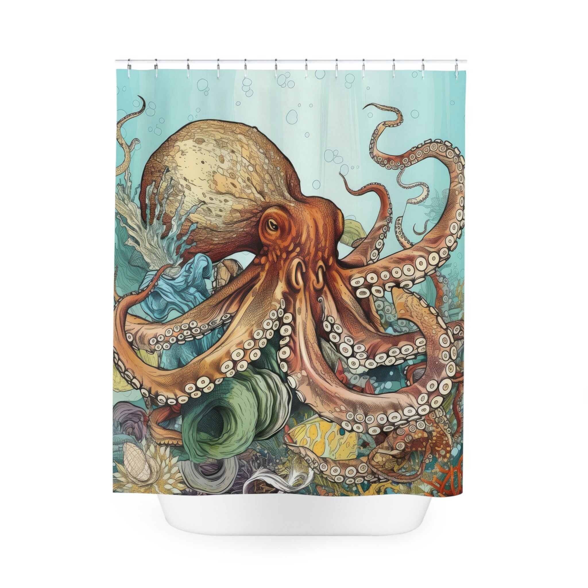 Oceanic Majesty Octopus Sea Creature Shower Curtain, Underwater Bathroom Decor