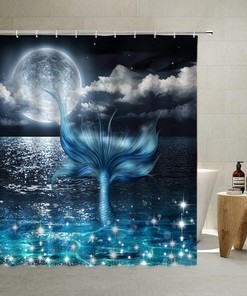 Oceanic Mermaid Fairy Tale Shower Curtain with Full Moon View over the Sea