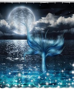 Oceanic Mermaid Fairy Tale Shower Curtain with Full Moon View over the Sea