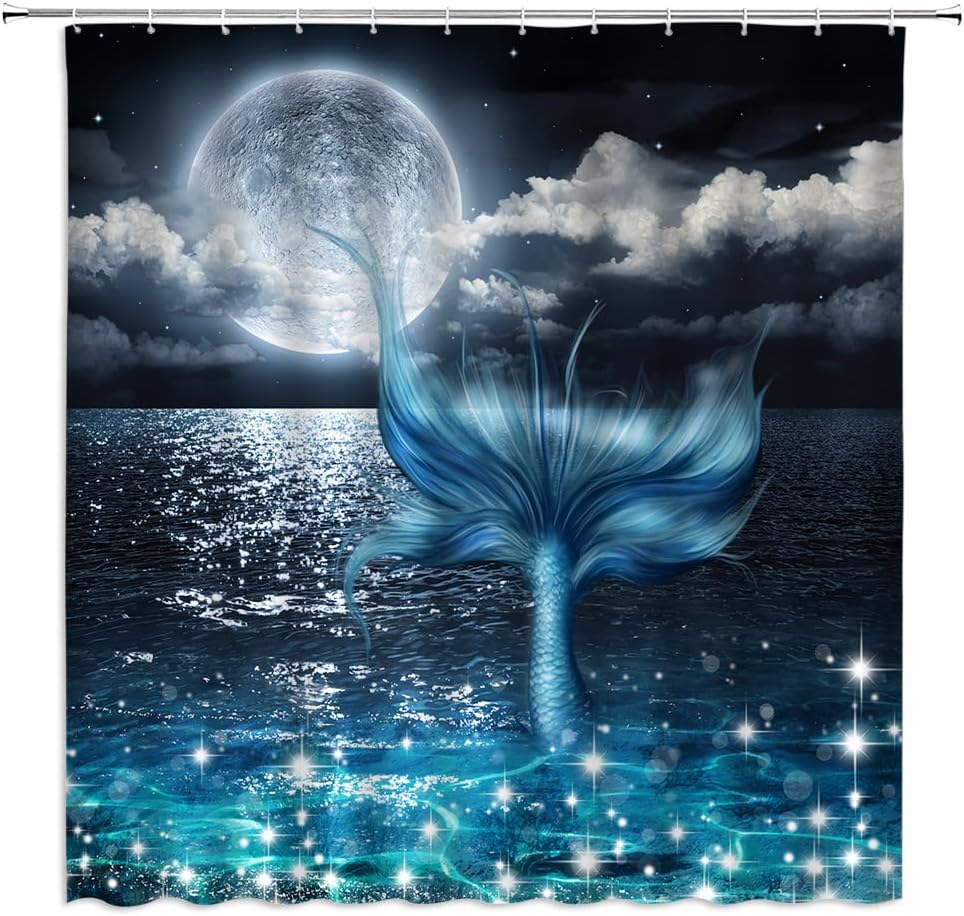 Oceanic Mermaid Fairy Tale Shower Curtain with Full Moon View over the Sea