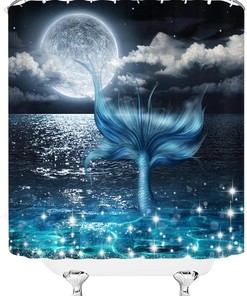Oceanic Mermaid Fairy Tale Shower Curtain with Full Moon View over the Sea