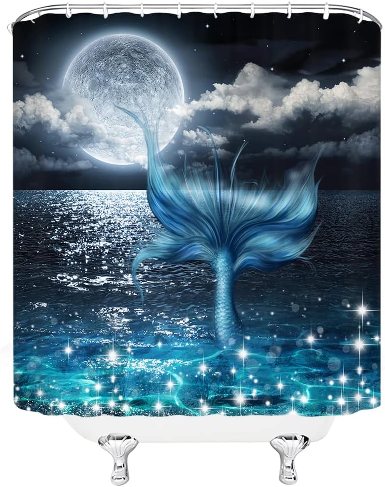 Oceanic Mermaid Fairy Tale Shower Curtain with Full Moon View over the Sea