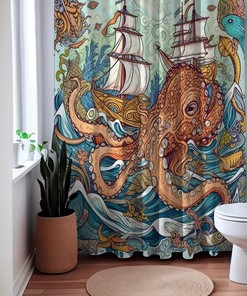 Oceanic Onslaught Octopus Sea Creature Shower Curtain, perfect Housewarming Gift with Sailboat and Nautical Theme 