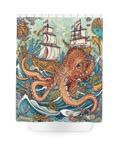 Oceanic Onslaught Octopus Sea Creature Shower Curtain, perfect Housewarming Gift with Sailboat and Nautical Theme