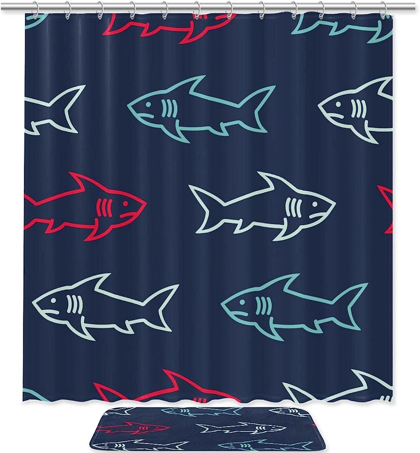 Oceanic Sharks And Sea Creatures Shower Set With Waterproof Fabric And Bath Accessories